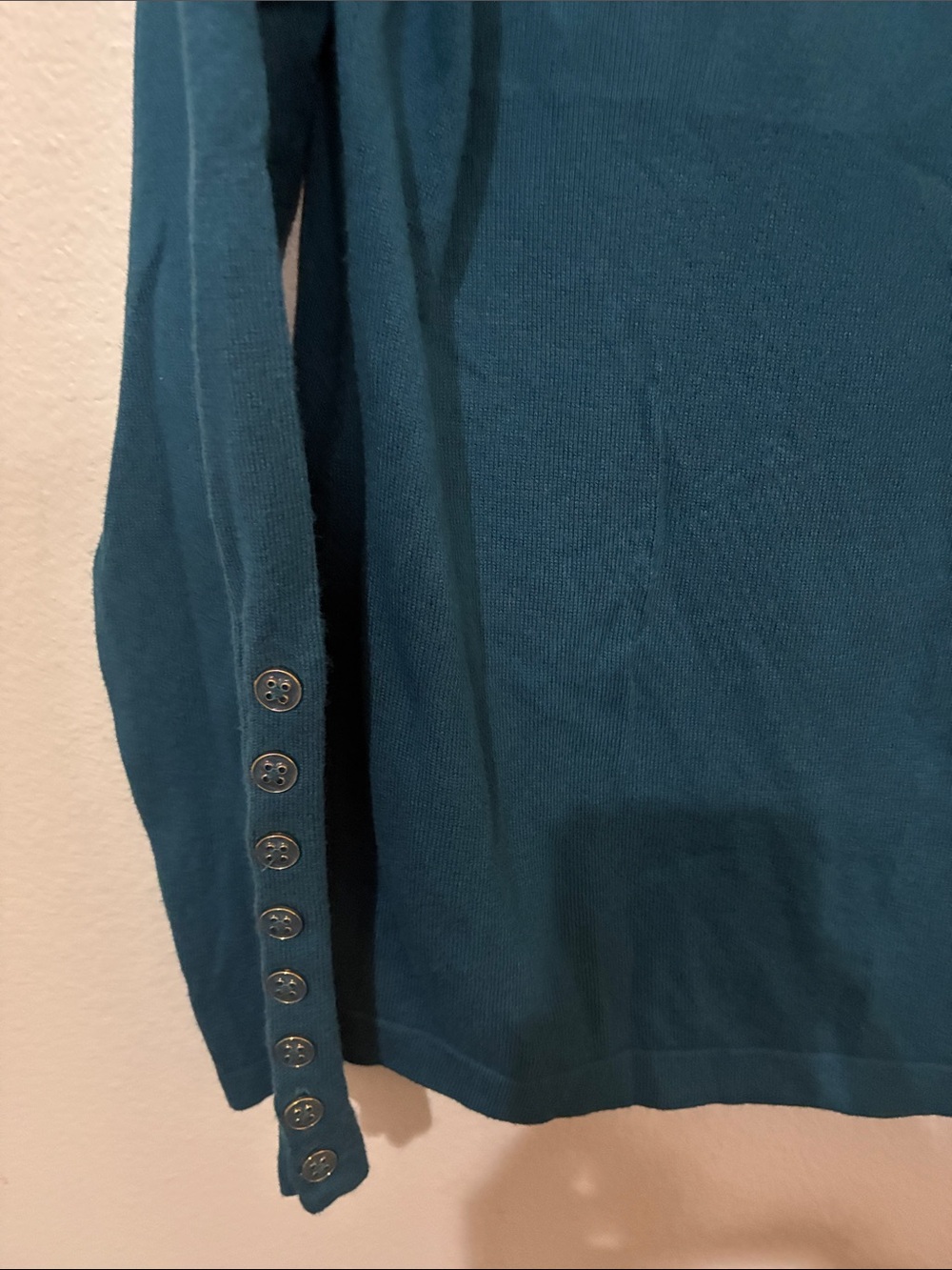 J. McLaughlin Long Sleeve Jamey Crewneck Sweater in Teal with Button Cuff - Picture 5 of 8